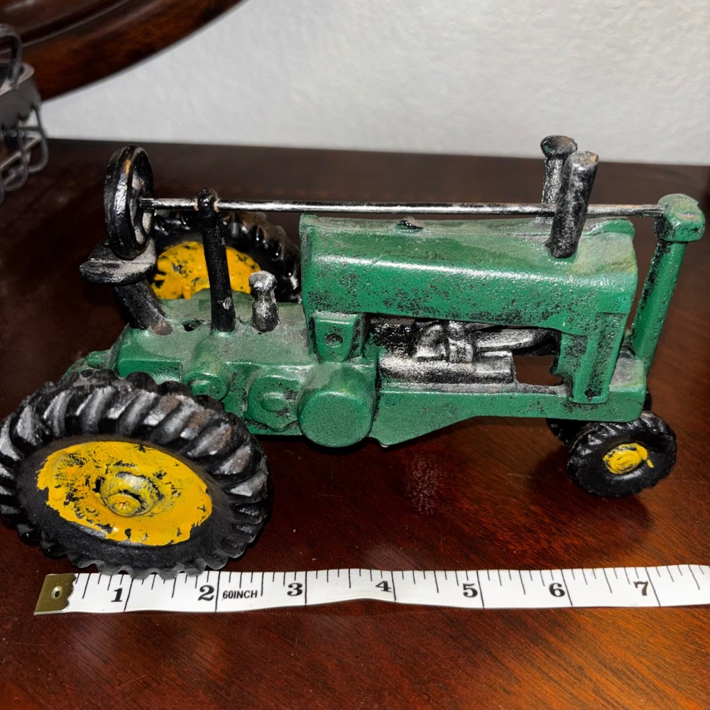 Vintage Cast Iron Green and Yellow Farm Tractor Figurine Decorative Toy 7.5 Inch